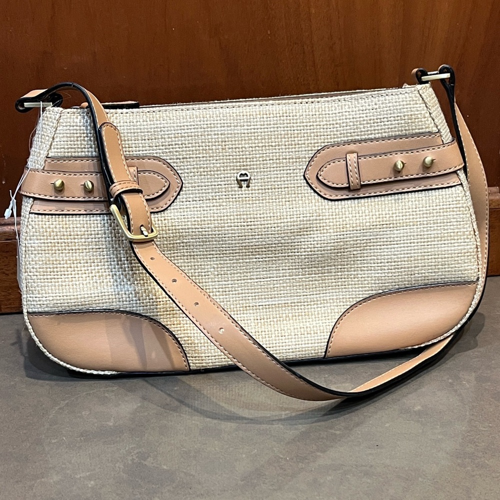 Etienne Aigner Framingham Straw & Leather Shoulder Bag - NWT Camel